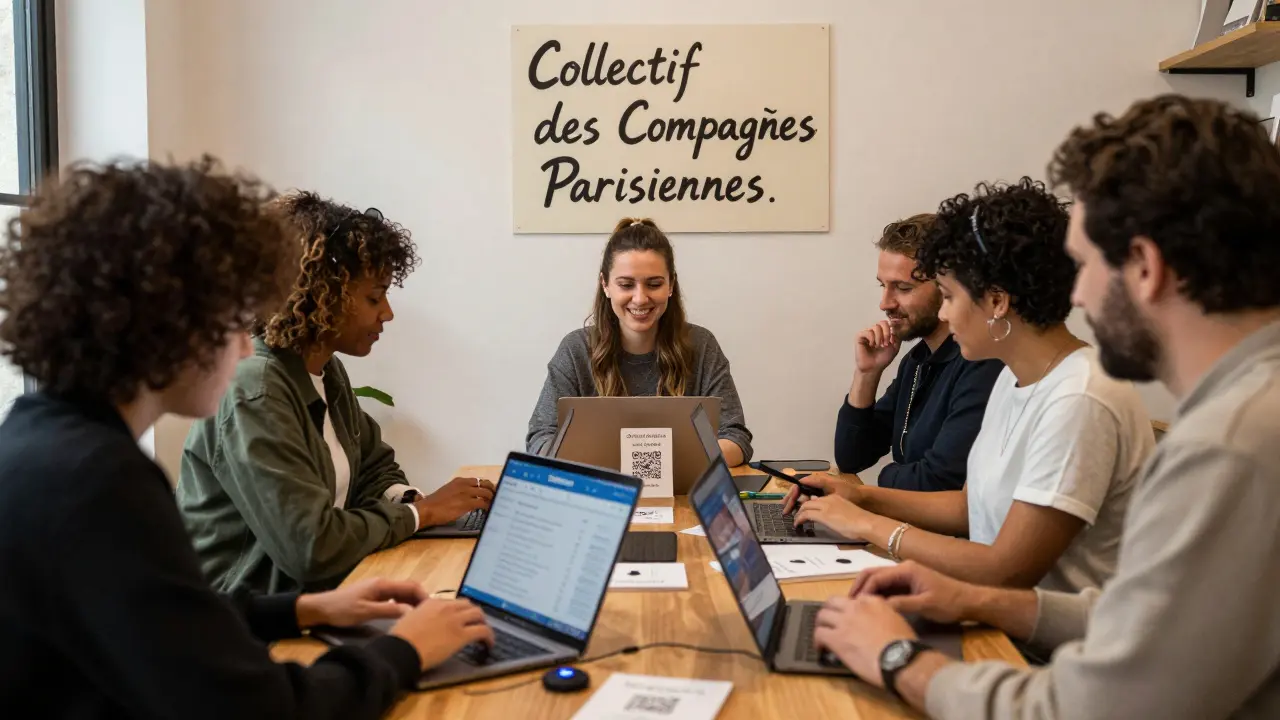 A group of professional companions in a Paris co-working space, using technology and safety tools while supporting each other.