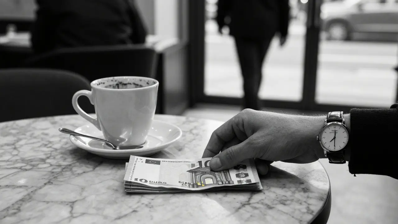 A hand leaving payment on a café counter, watch showing time&#039;s end, figure walking away.