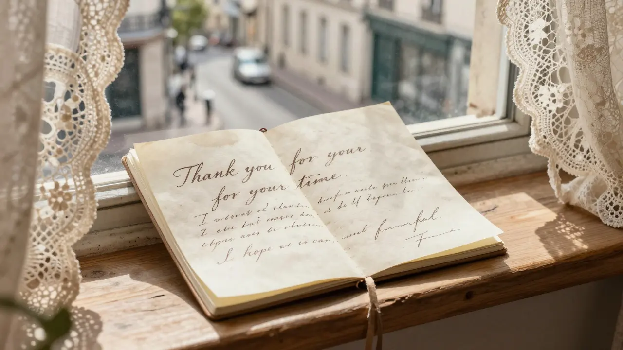 A handwritten French note in elegant script on aged paper, resting on a windowsill with soft morning light.