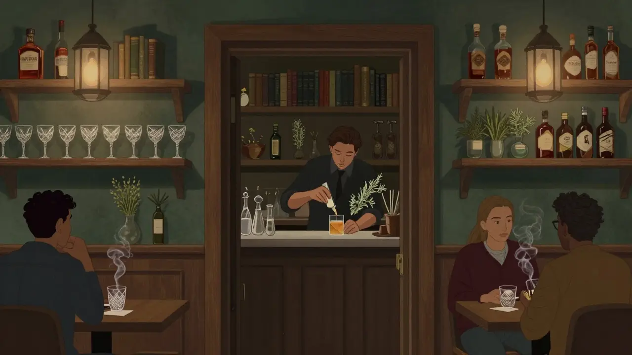 A hidden bar behind a bookshelf, with a bartender crafting a unique cocktail using local herbs in soft lighting.