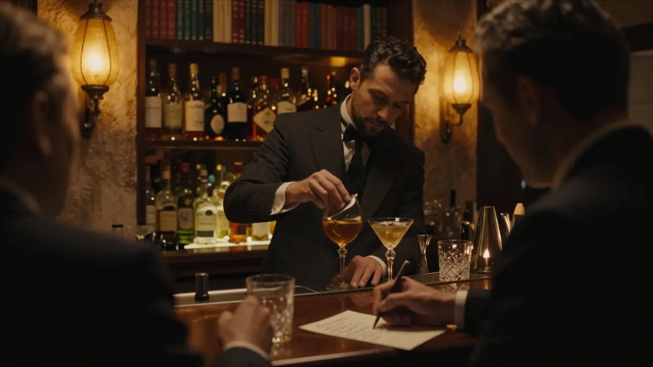 A hidden speakeasy behind a bookshelf, a bartender mixing a drink by lantern light in a quiet old-town bar.