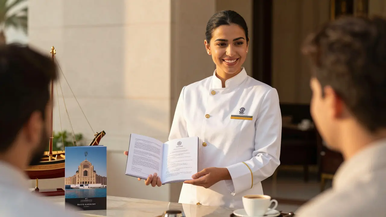 A hotel concierge in white uniform presents a cultural itinerary to a traveler in luxurious Abu Dhabi surroundings.
