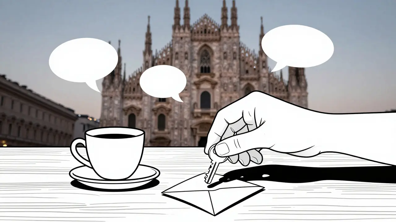 A key, coffee cup, and letter on a wooden table with Duomo in the background.