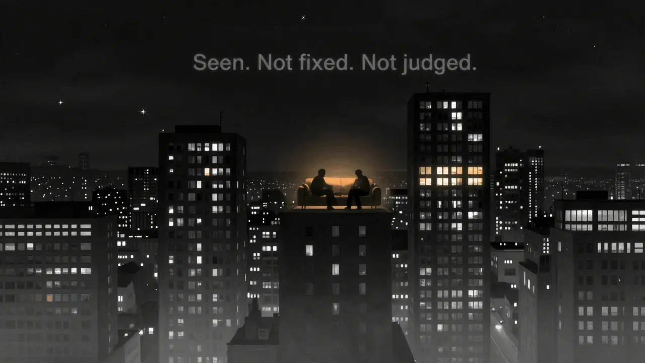 A lone lit window in a dark London skyline showing two silhouettes sharing quiet companionship.