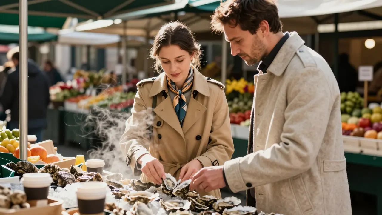 A man and woman browse fresh oysters at a vibrant Parisian market, sunlight filtering through the canopy, coffee cups steaming nearby.
