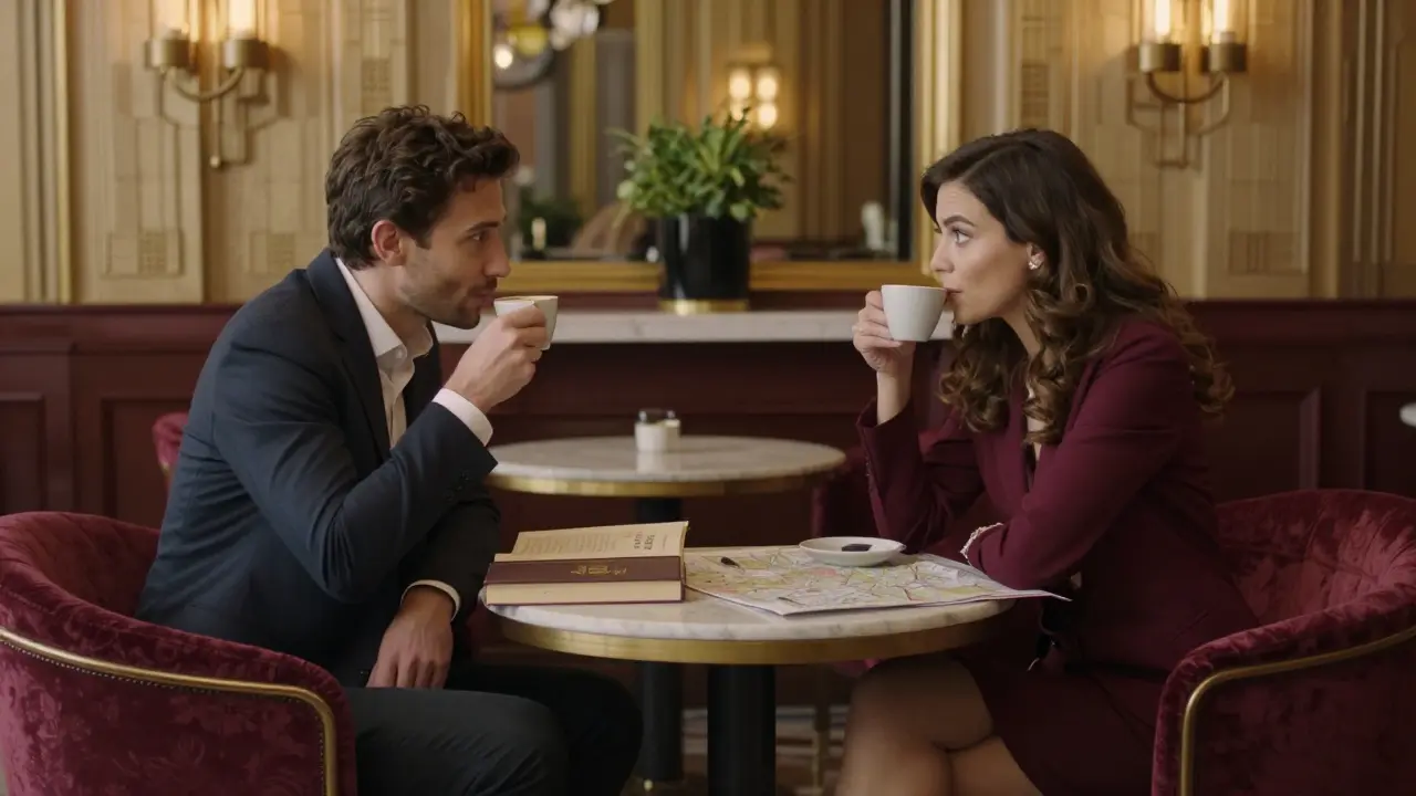 A man and woman meet respectfully in a luxury hotel lobby, sharing coffee and conversation.