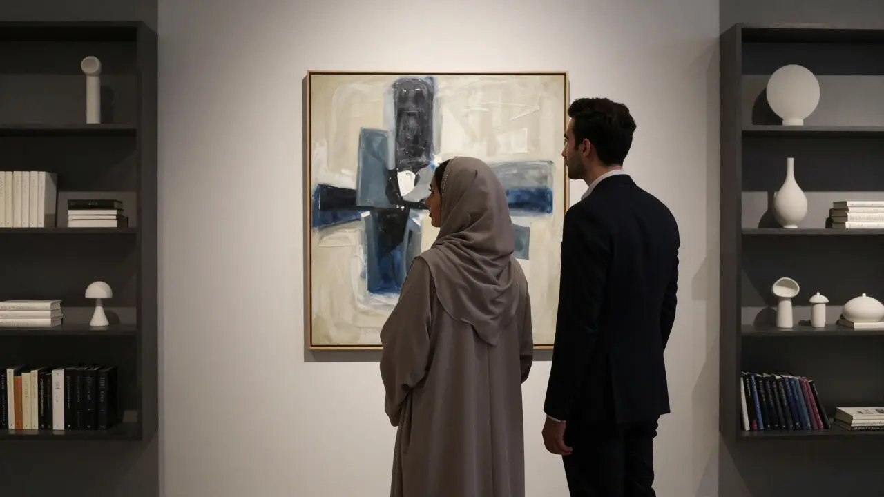 A man and woman silently observe art in a minimalist gallery, their presence communicating connection without words.