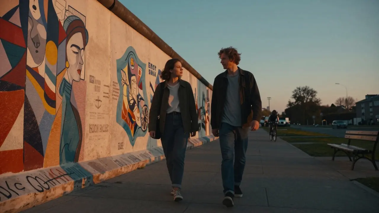 A man and woman walking peacefully along the colorful East Side Gallery at sunset.