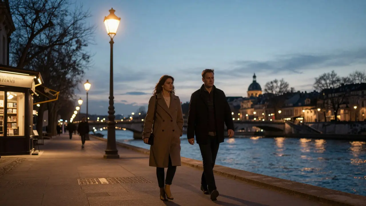 A man and woman walking peacefully along the Seine River under soft streetlamp glow at twilight.