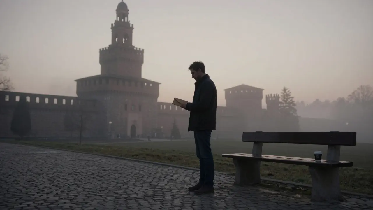 A man standing alone near Castello Sforzesco at dawn, holding an envelope.