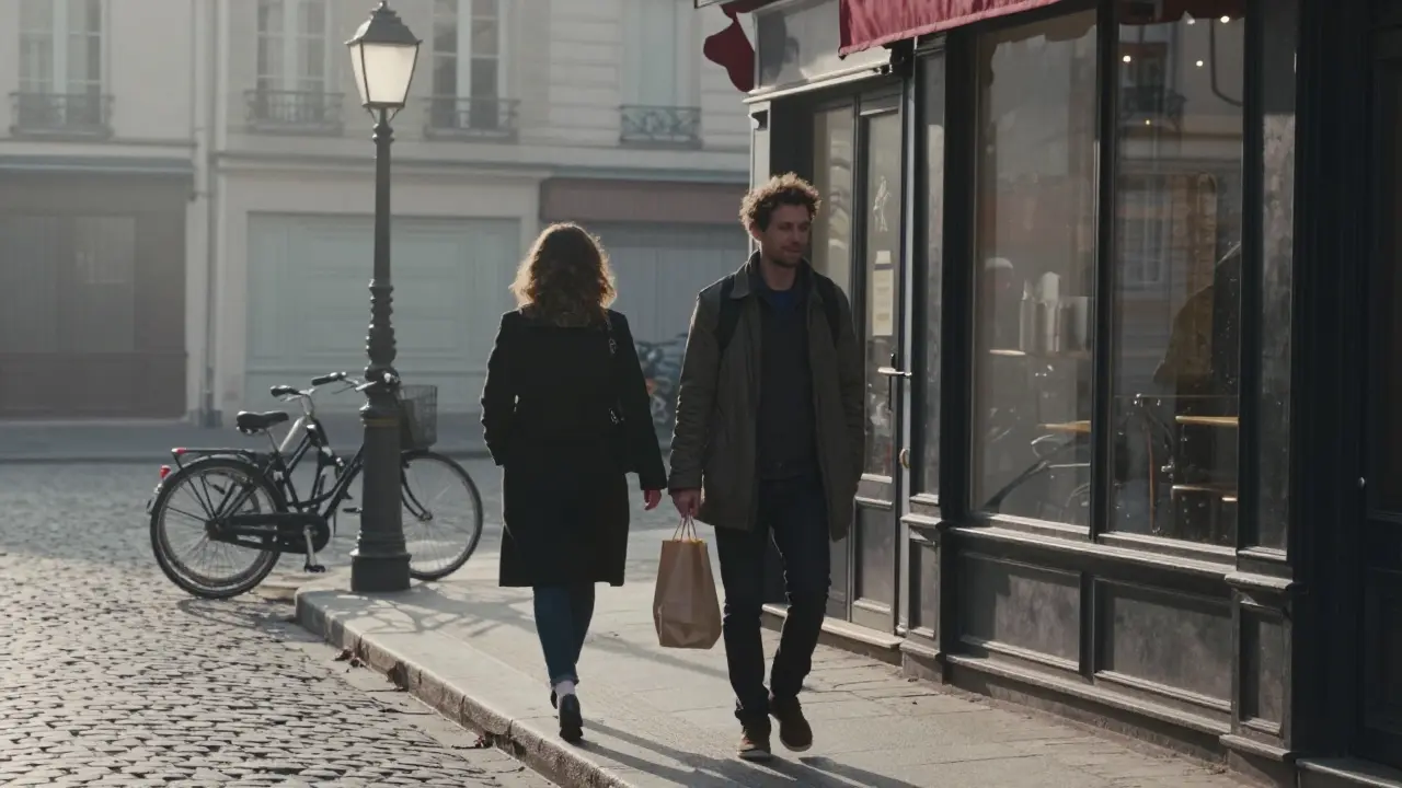 A man walking alone at dawn in Saint-Germain-des-Prés, reflection showing a woman walking away.