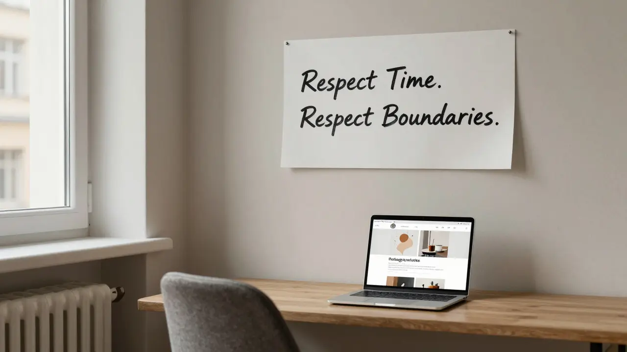 A minimalist studio with a handwritten boundary note, reflecting dignity and self-regulation in Berlin&#039;s escort scene.