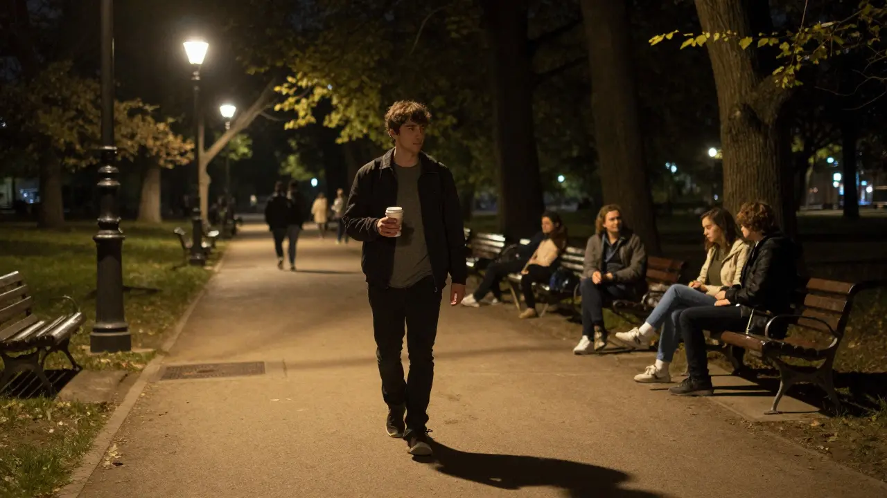 A person walking at night in Tiergarten park, meeting others in quiet, respectful moments under streetlights.