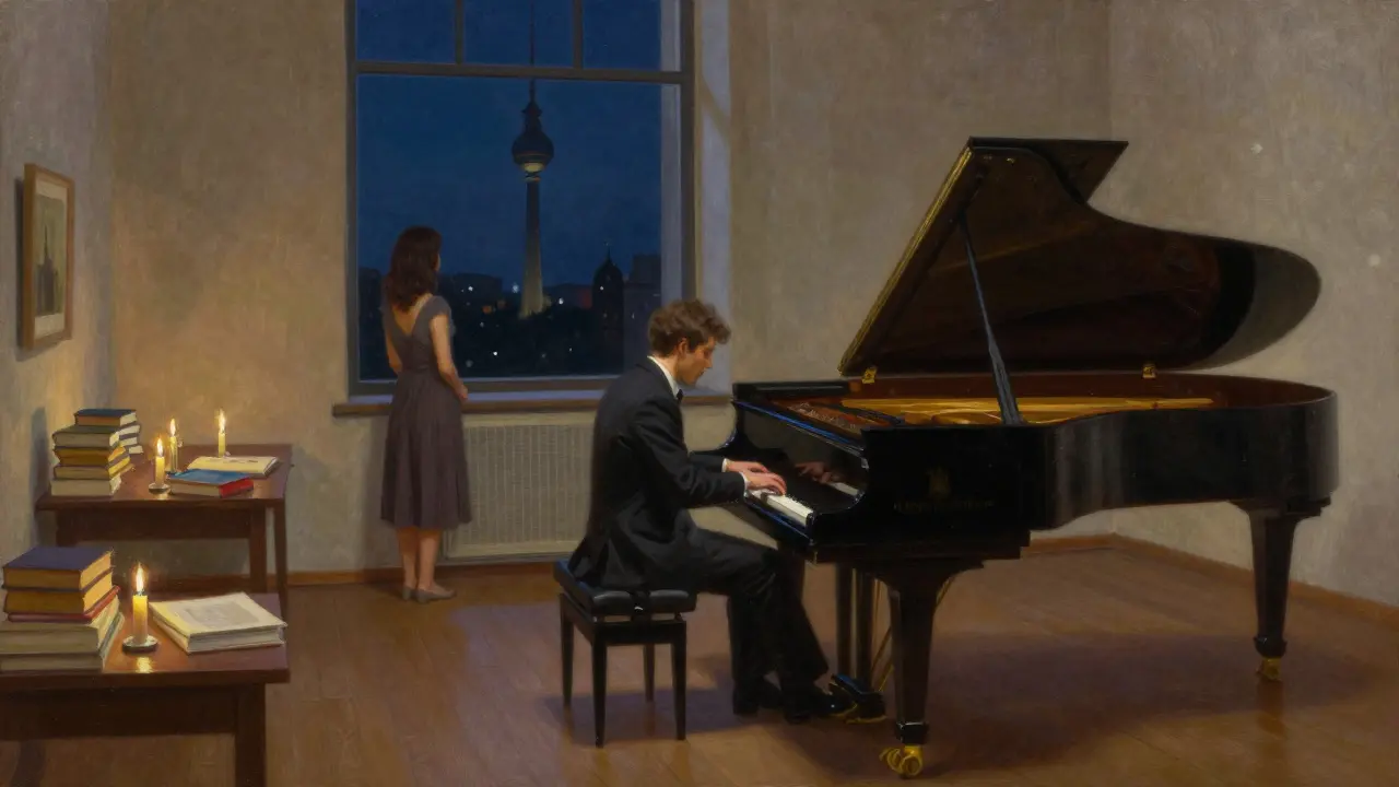A pianist plays alone in a dimly lit gallery, the Berlin TV Tower visible through the window.