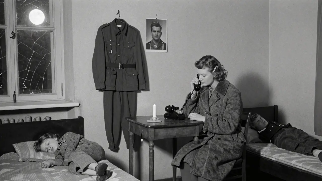 A postwar Berlin woman sitting alone with a telephone and sleeping child in a modest apartment.