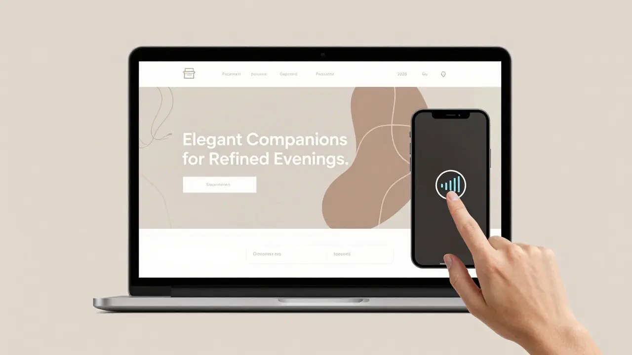 A private website interface on a laptop showing elegant abstract imagery and no identifying details, beside a phone with Signal open.