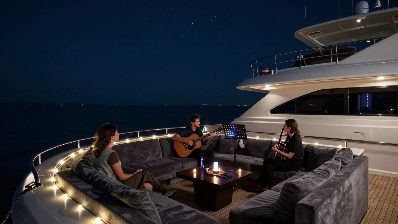 A private yacht at midnight, lit by string lights, with a small jazz ensemble playing as stars reflect on the water.