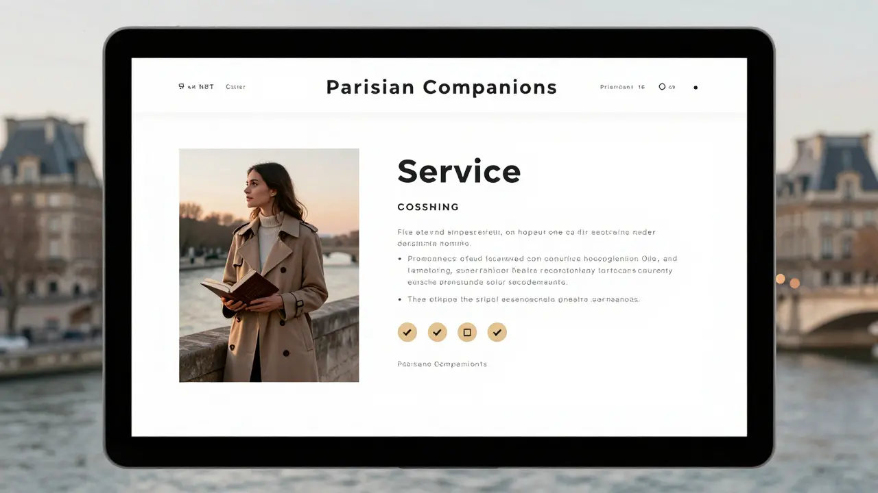 A professional companion's discreet online profile with elegant photos and verified badges.