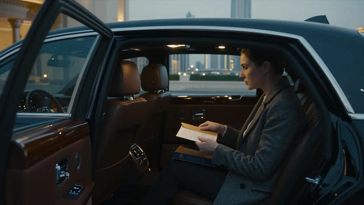 A professional companion handing a client a personalized itinerary in a discreet luxury car outside a five-star hotel.
