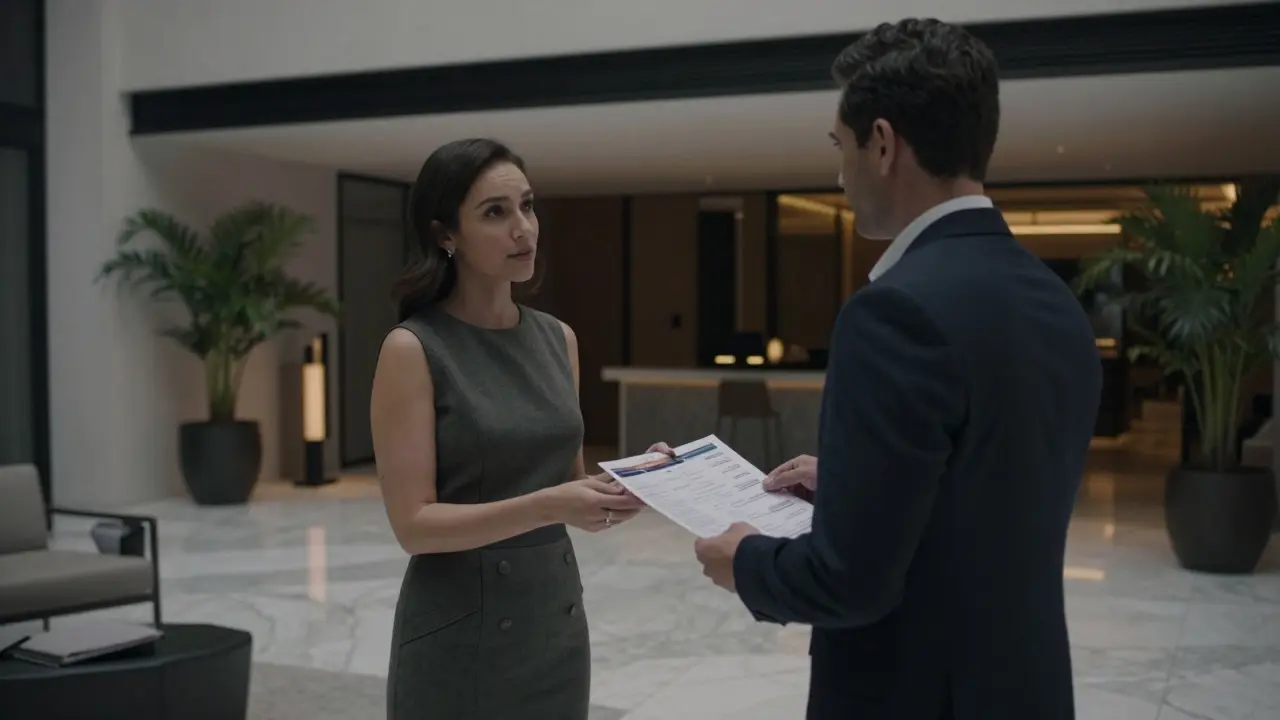 A professional companion handing a client an itinerary in a luxury hotel lobby at dusk.