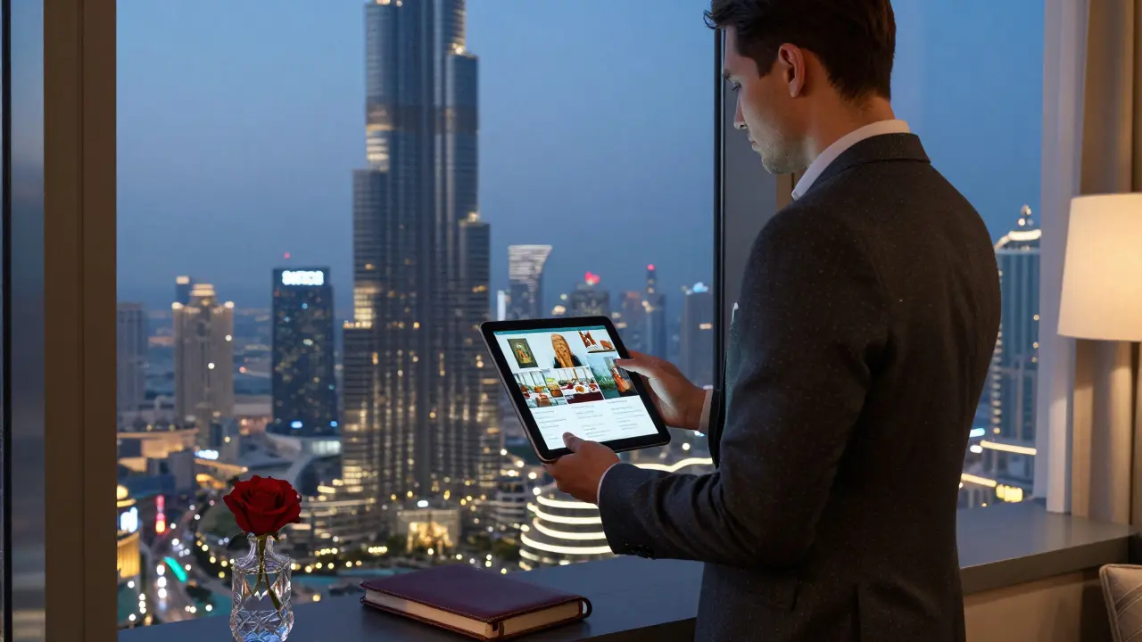 A professional companion in a tailored suit beside a hotel window in Dubai, city lights glowing behind.