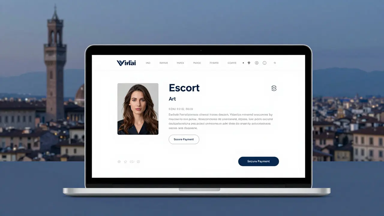 A professional escort profile on a discreet website, displayed on a laptop with a view of Milan’s skyline.