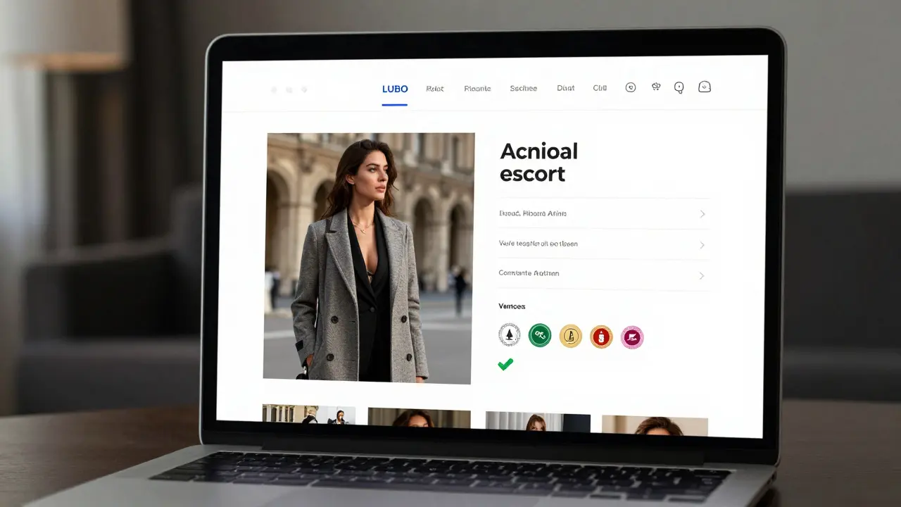 A professional escort profile on a laptop shows natural photos and clear details, no sexual imagery.