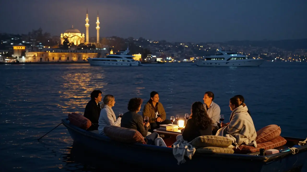 A quiet boat bar on the Bosphorus at night, locals relaxing with wine as illuminated mosques drift by.