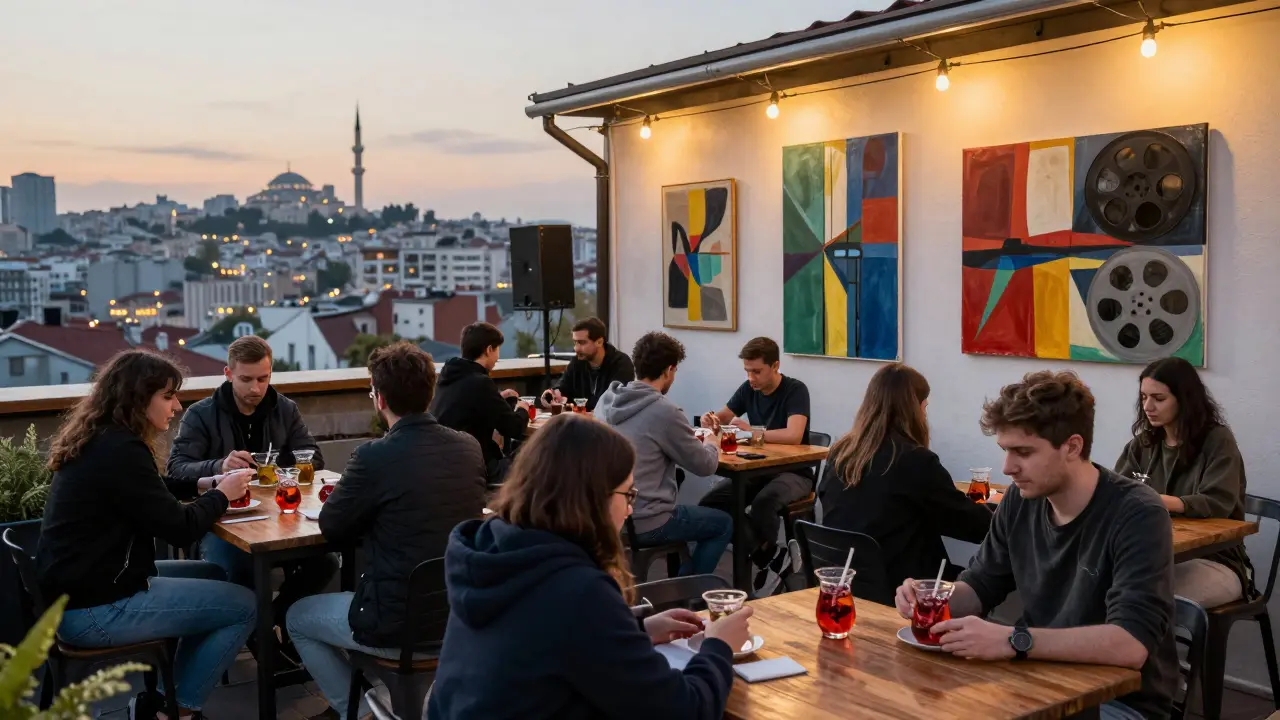 A rooftop bar at dawn serving non-alcoholic drinks to artists and musicians, with paintings and film reels on the wall.