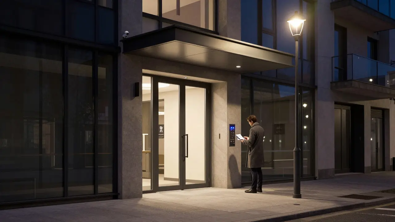A secure residential building in Isola, Milan, at night with soft lighting and discreet security features.