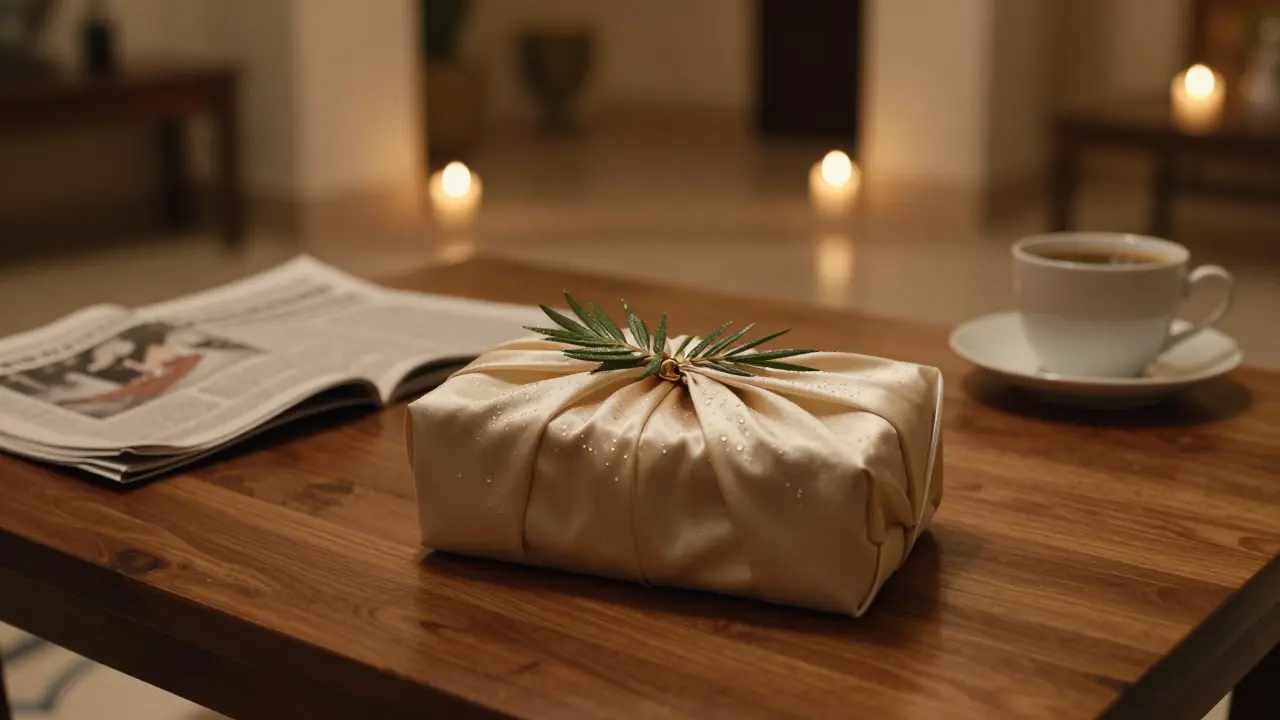 A silk-wrapped date palm rests on a wooden table, symbolizing quiet dignity and unspoken appreciation.