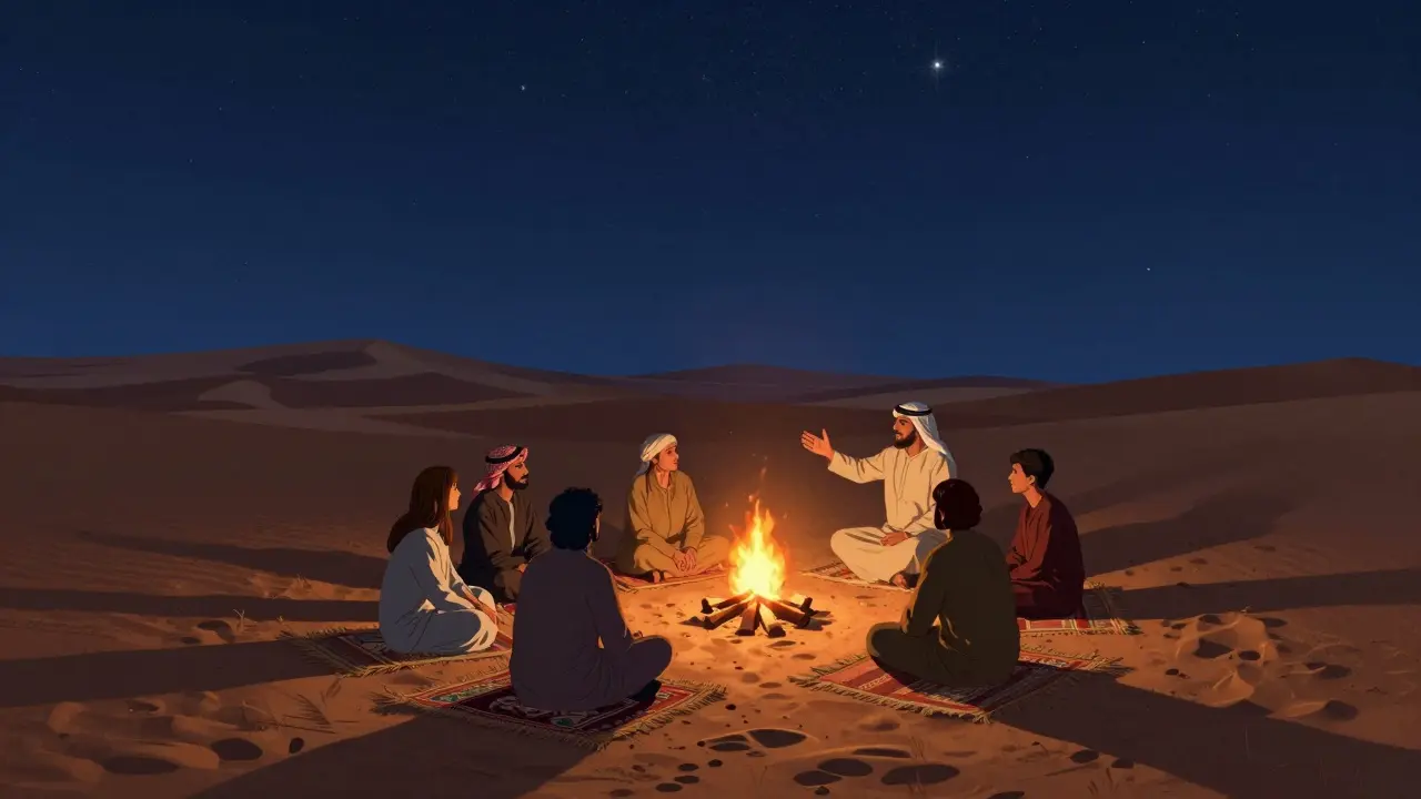 A small group sits around a fire in a desert camp under a starry sky, listening to a storyteller.