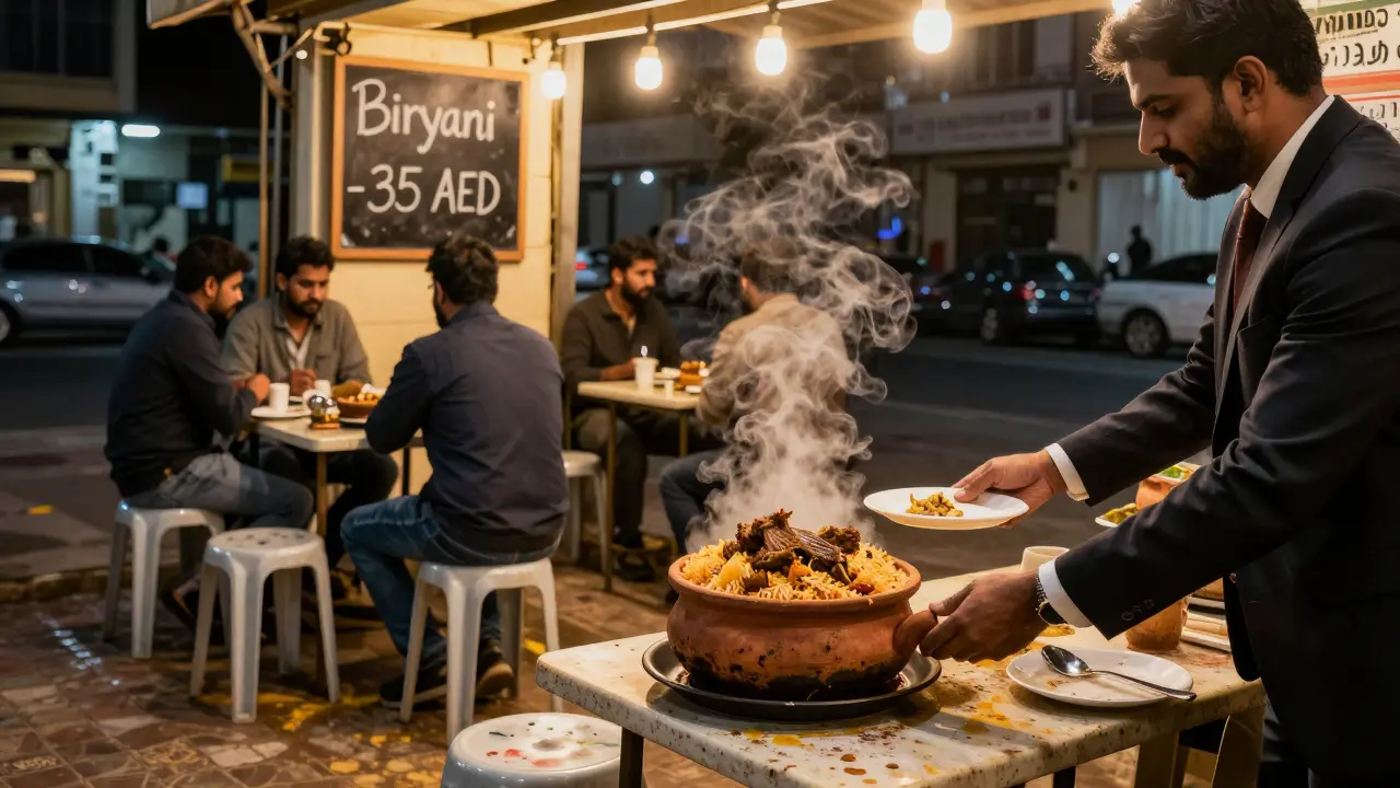 A small late-night eatery with diverse patrons sharing steaming biryani under warm string lights.