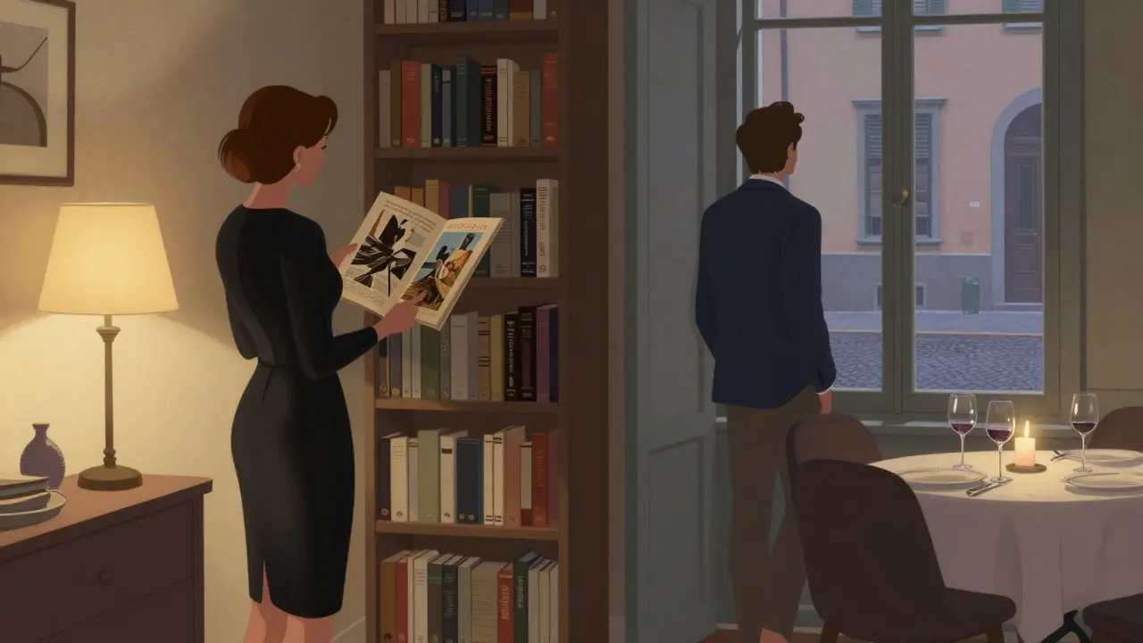 A sophisticated private apartment in Brera with bookshelves and candlelit dinner set.