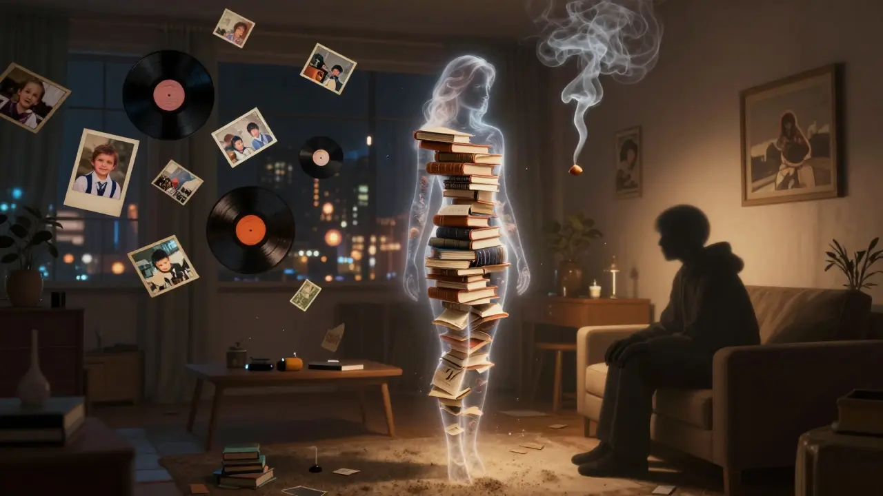 A translucent woman composed of books and smoke stands in a book-filled room, radiating warmth as a shadowed figure sits beside her.