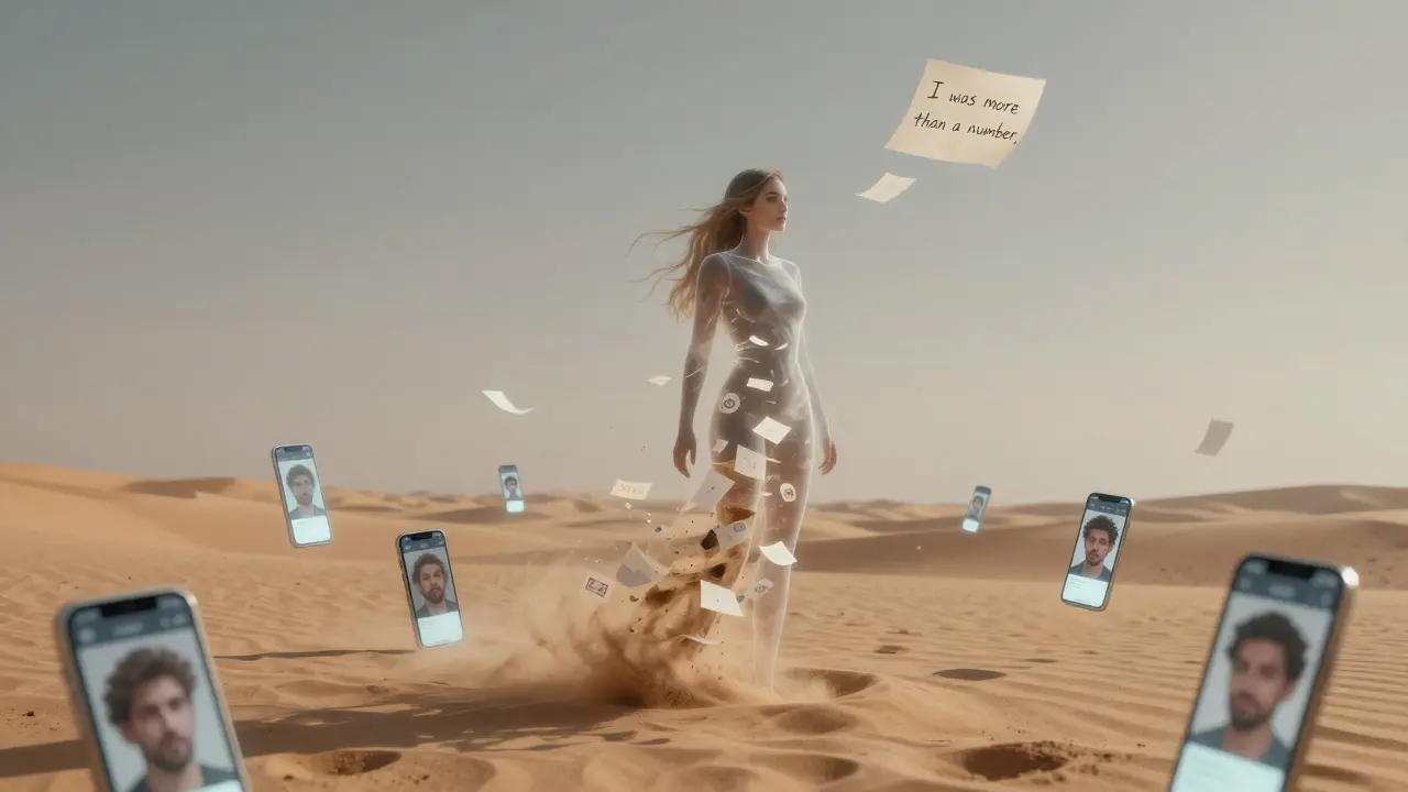 A transparent woman made of floating notes and digital icons dissolves into desert sand, surrounded by glowing smartphone screens.