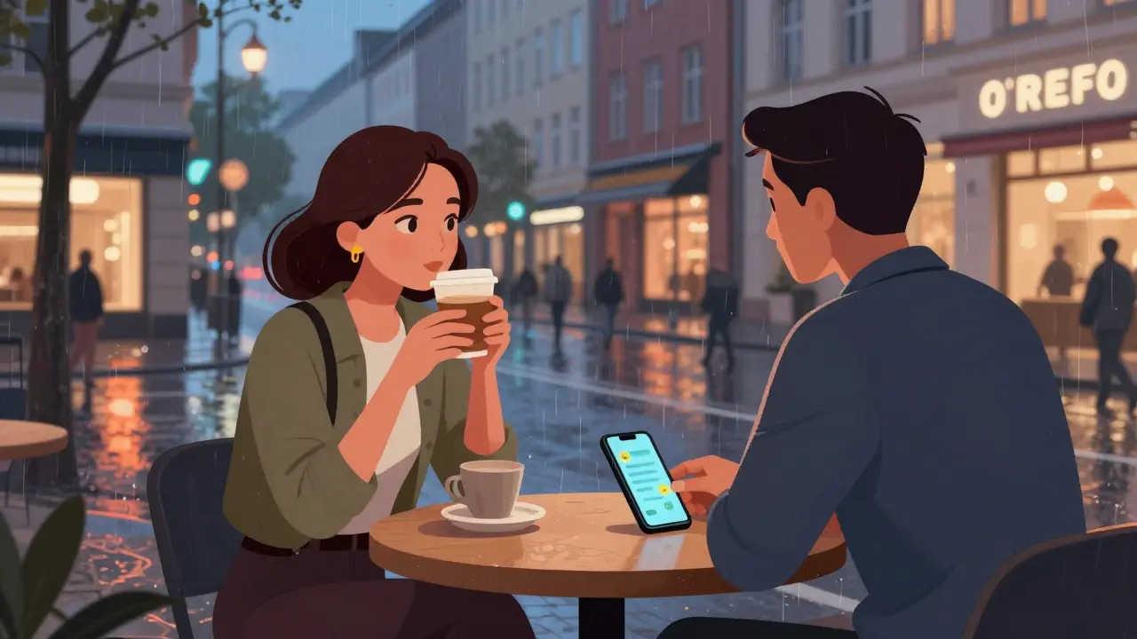 A woman and client having coffee in a quiet Berlin café, smartphone visible on the table.