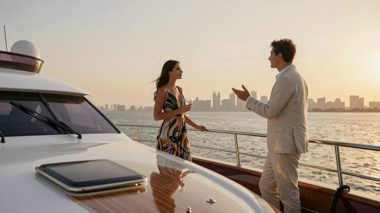 A woman and man stand on a private yacht at sunset, gazing at Abu Dhabi's skyline in serene silence.