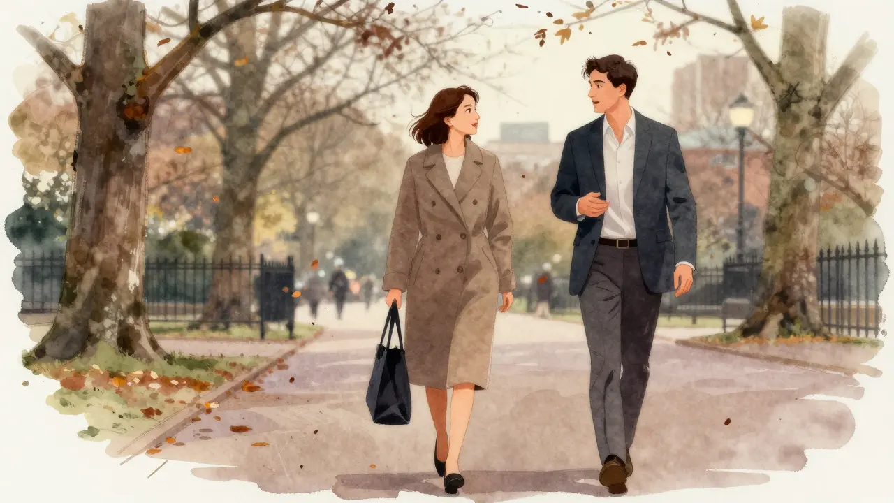 A woman and man walking peacefully through Hyde Park at dusk, autumn leaves drifting around them.