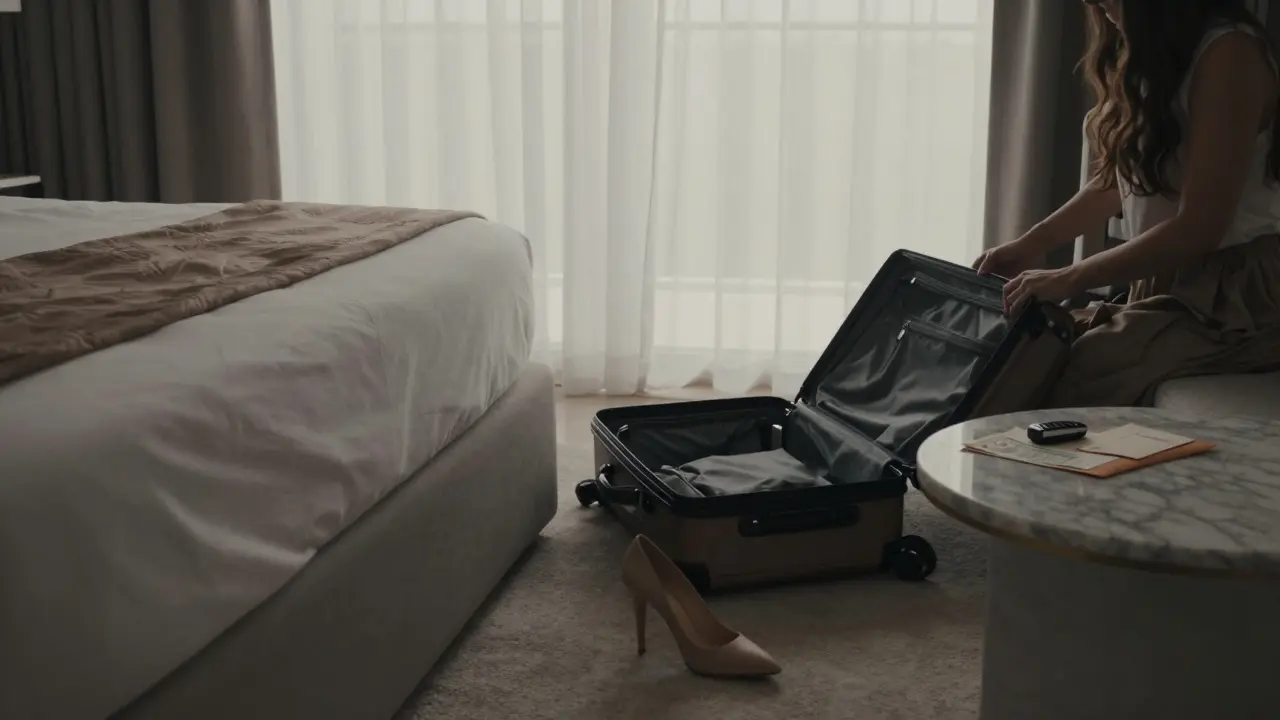 A woman packs her belongings in a high-end Abu Dhabi apartment, morning light revealing signs of a discreet departure.