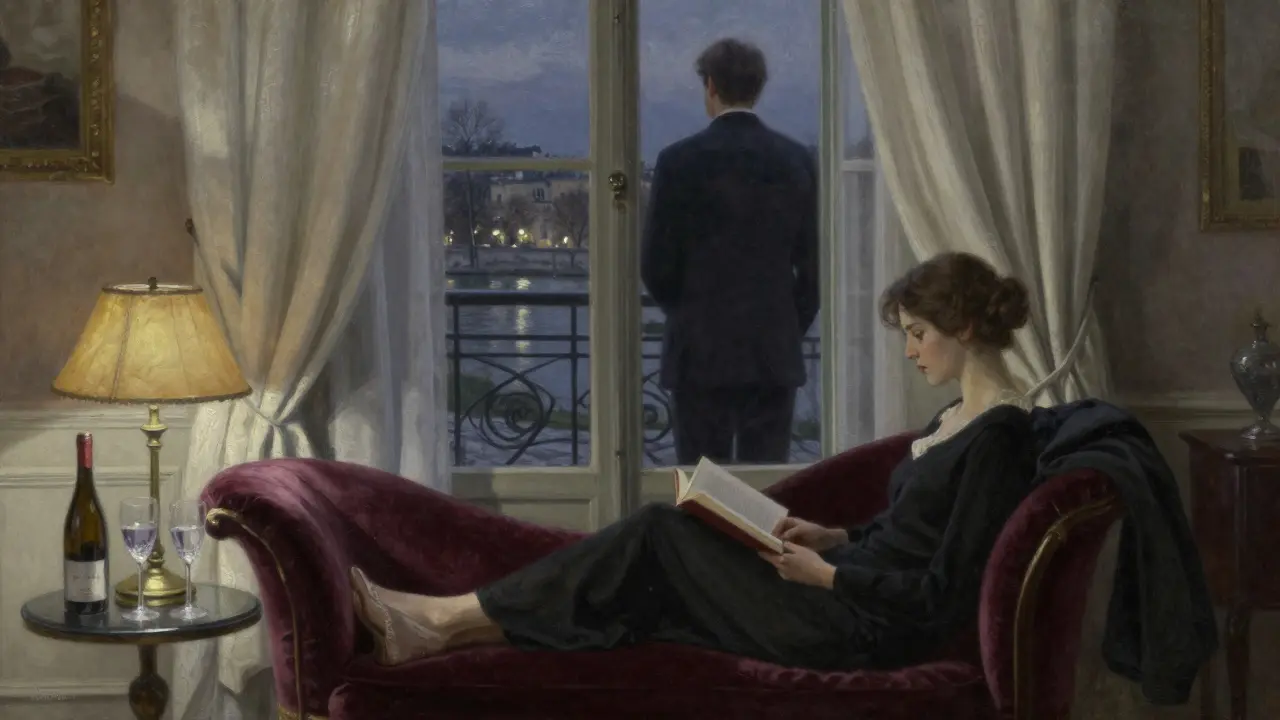 A woman reading on a velvet chaise in a Paris apartment, a man gazing out at the Seine at twilight, soft lamplight filling the room.
