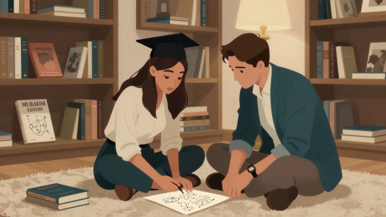 A woman sketches diagrams on a napkin while a man watches intently in a cozy private suite with books and soft lighting.