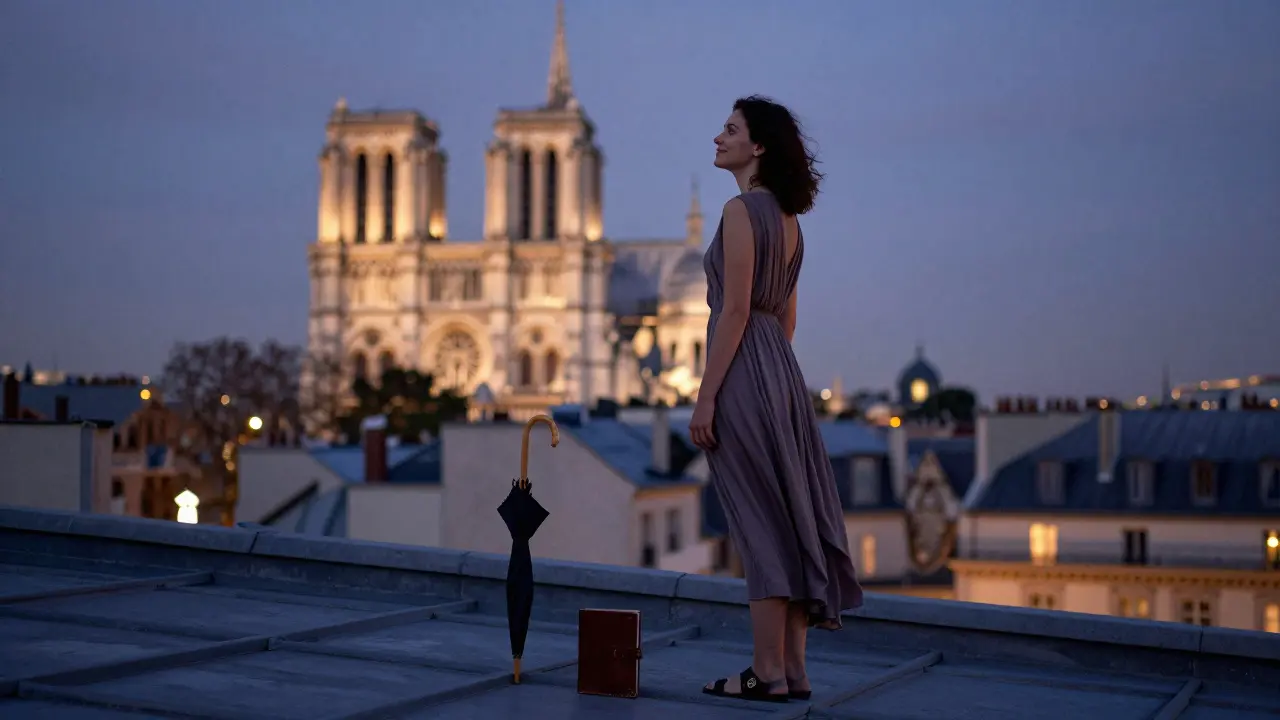 A woman stands alone on a Paris rooftop at twilight, gazing at the lights of Notre-Dame below.