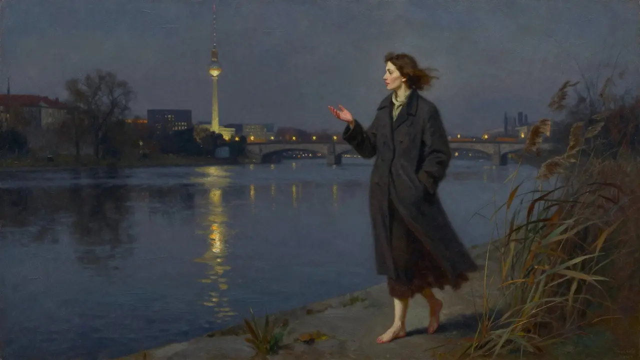 A woman walks barefoot beside the Spree River at night, city lights reflecting on water, alone under a quiet midnight sky.