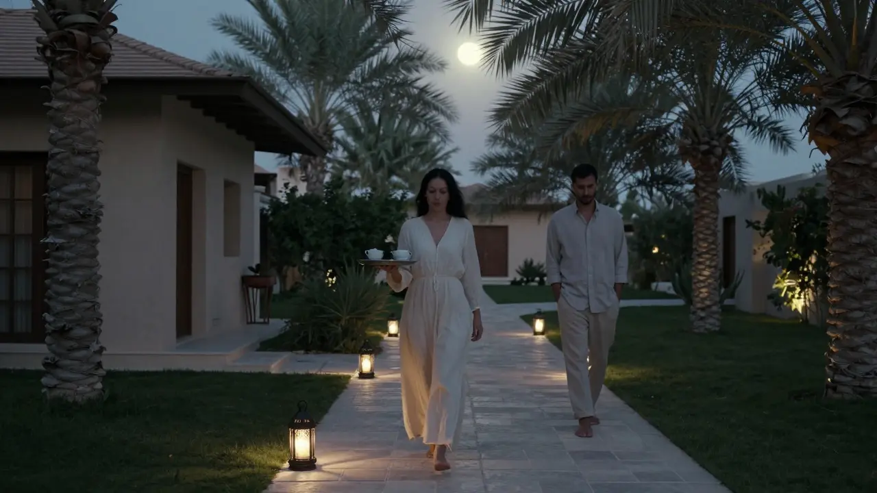 A woman walks barefoot through a moonlit garden villa carrying tea, followed silently by a man, in a moment of peaceful presence.