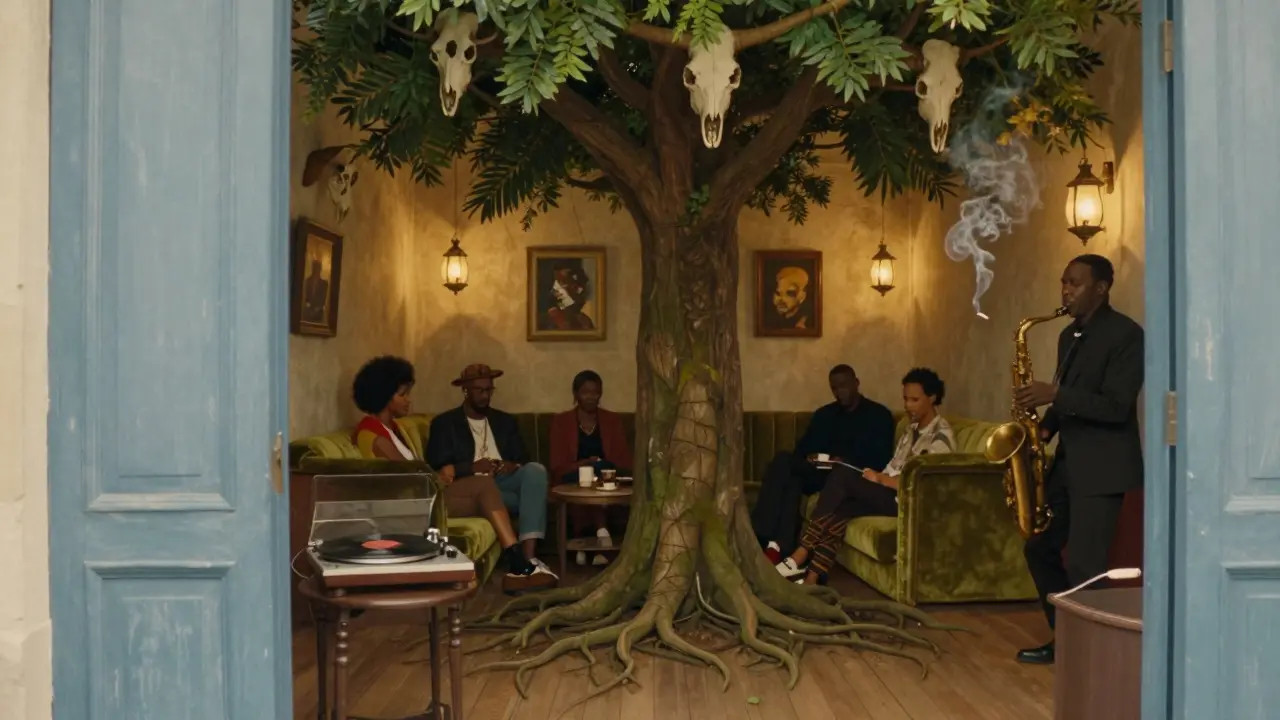 An eclectic hidden bar with a tree growing through its center and African vinyl spinning softly.