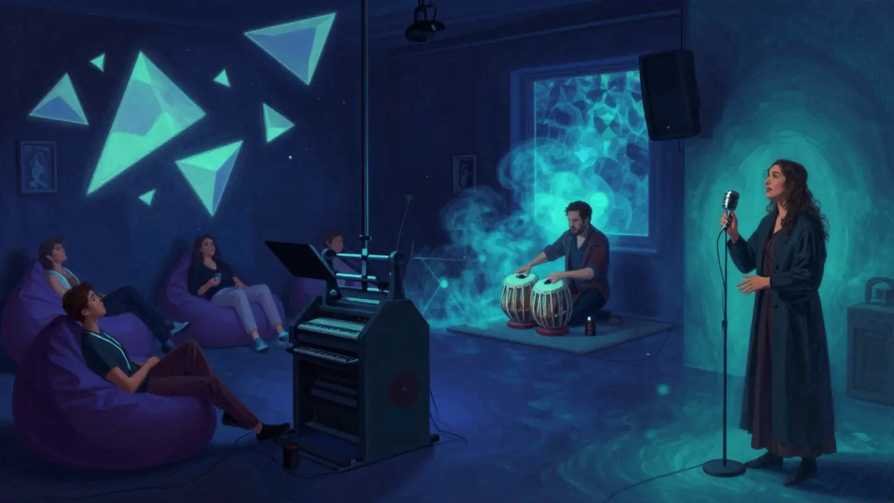 An experimental venue with UV-lit beanbags, a tabla player with synths, and a karaoke booth in a converted printing press.