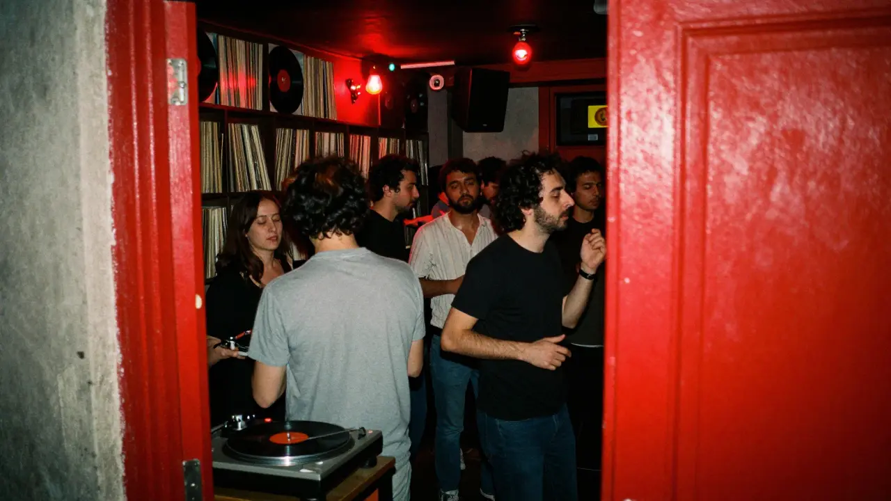 An underground club in Kadıköy with vinyl records and dim red lighting, people dancing to rare Turkish psych rock.