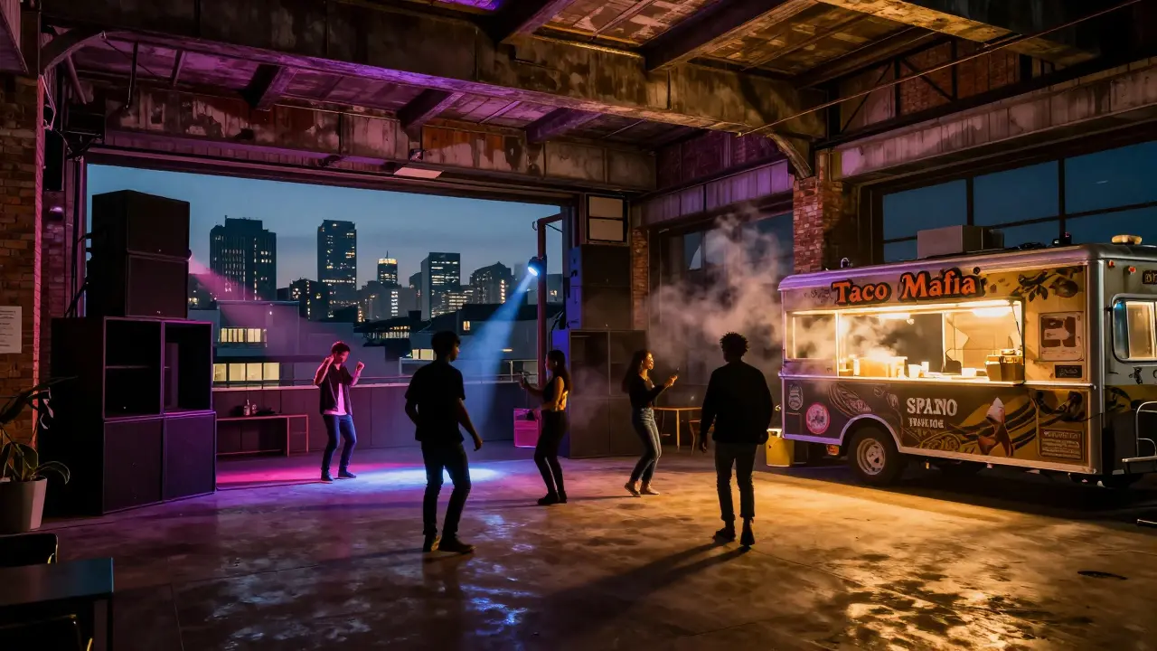 An underground warehouse club at dawn with silhouetted dancers and a food truck outside glowing under city lights.