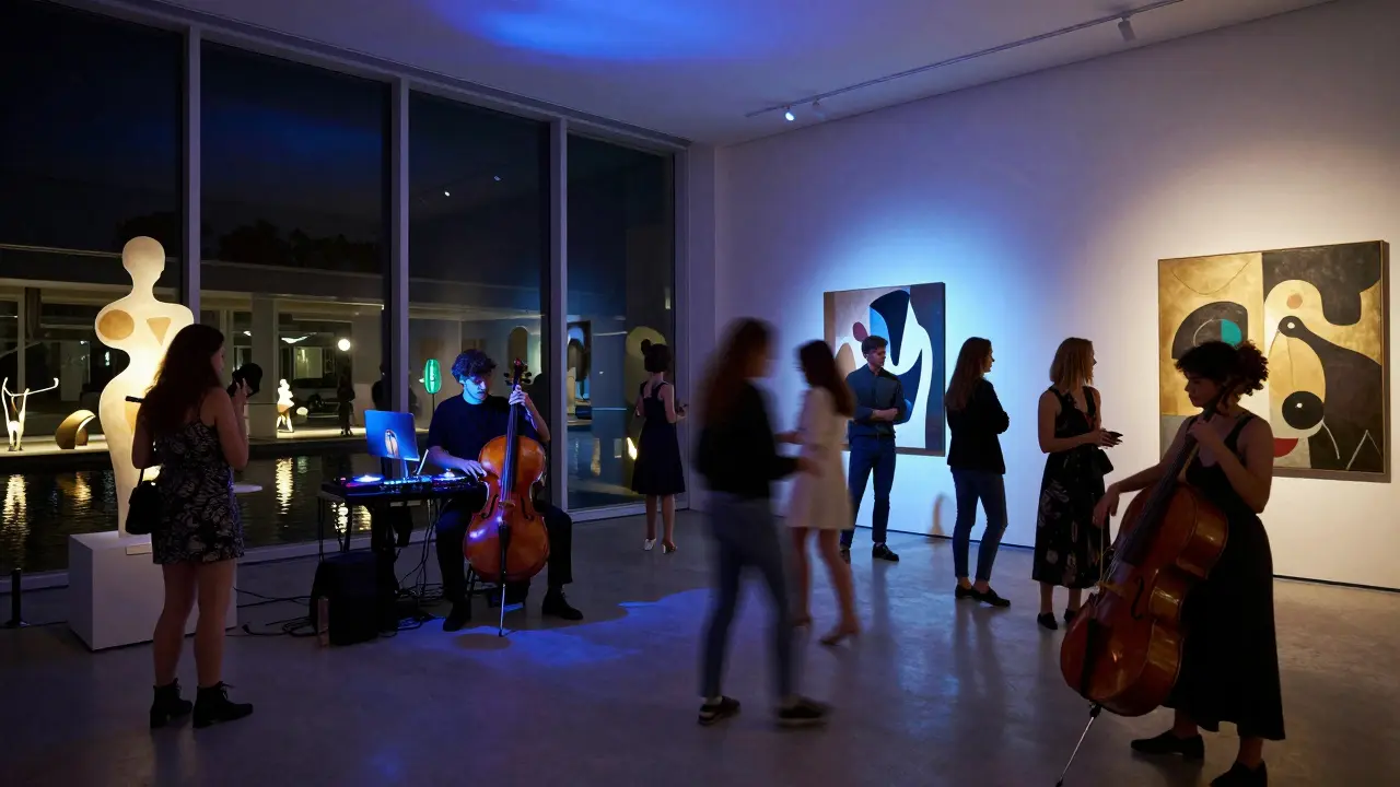 Art museum turned dance venue with glowing installations and people dancing among sculptures.